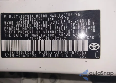 2020 Toyota Corolla Se from USA, damaged, VIN 5YFP4RCE8LP002832
